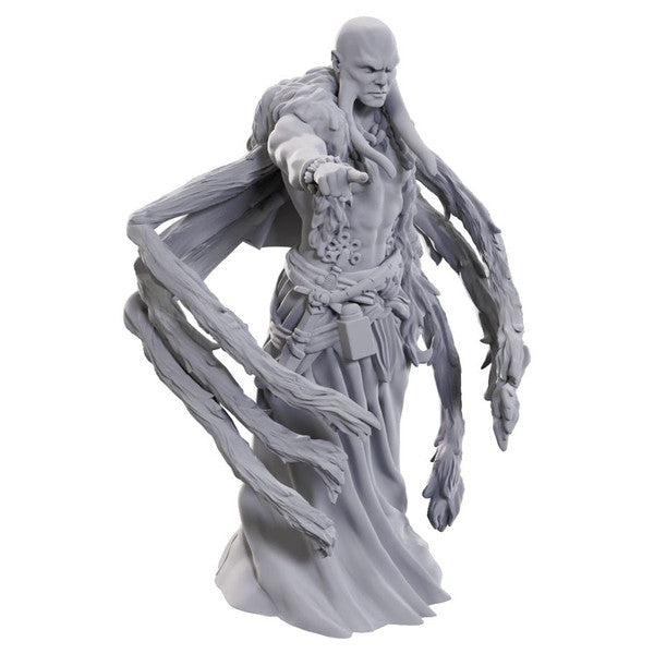 D&D Nolzur's Marvelous Miniatures: Kraken Priest - Gray unpainted resin miniature of a bald, robed priest with tentacle-like appendages extending from back and arms, dynamic.