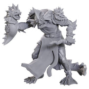 D&D Nolzur's Marvelous Miniatures: Sahuagin Priestess - Unpainted gray plastic miniature of a reptilian humanoid priestess with spiked armor, fin-like head crest, holding a spiked.