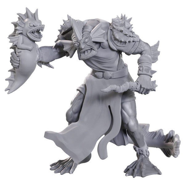 D&D Nolzur's Marvelous Miniatures: Sahuagin Priestess - Unpainted gray plastic miniature of a reptilian humanoid priestess with spiked armor, fin-like head crest, holding a spiked.