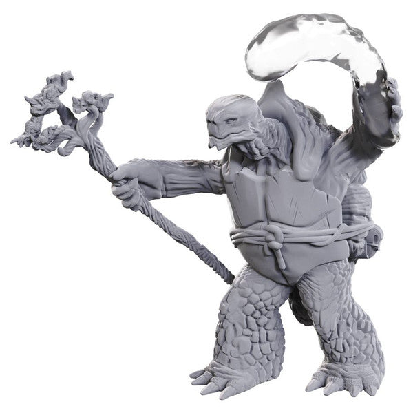 D&D Nolzur's Marvelous Miniatures: Tortle Druid & Wild Shape Giant Lizard - Gray unpainted tortle druid miniature holding a gnarled staff with a large lizard-shaped cloud swirling behind.