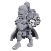 D&D Nolzur's Marvelous Miniatures: Pirate Deck Wizard - Unpainted gray plastic miniature of a male wizard with long hair tied back, wearing a flowing cloak and casting a fiery.