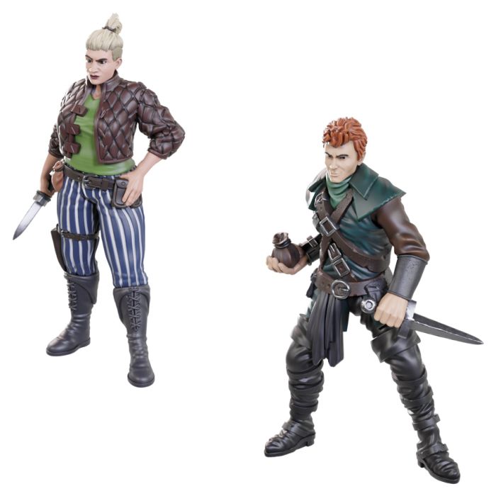 WizKids Deep Cuts: Cutpurses Male & Female - A female rogue with blonde hair in a braided bun, wearing a purple quilted jacket, green shirt, blue striped pants, and.