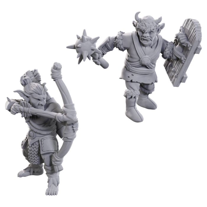 D&D Nolzur's Marvelous Miniatures: Limited Edition 50th Anniversary: Goblins - Two unpainted gray plastic goblin miniatures, one wielding a spiked mace and wooden shield, the other holding a bow and.