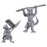 D&D Nolzur's Marvelous Miniatures: Limited Edition 50th Anniversary: Kobolds - Two gray unpainted miniature kobolds; one crouching with spear and shield, the other standing wielding a large spear.