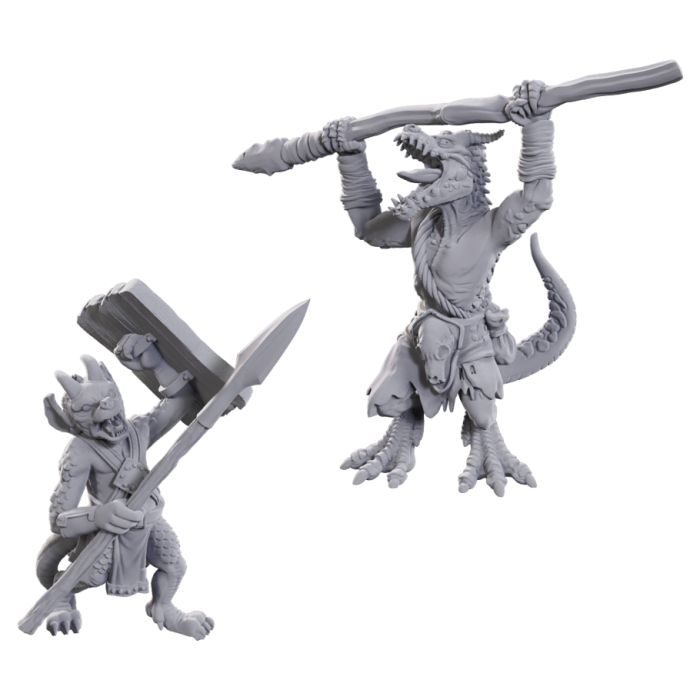 D&D Nolzur's Marvelous Miniatures: Limited Edition 50th Anniversary: Kobolds - Two gray unpainted miniature kobolds; one crouching with spear and shield, the other standing wielding a large spear.