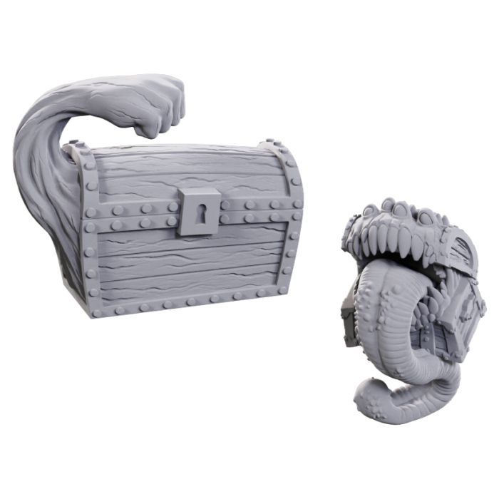 D&D Nolzur's Marvelous Miniatures: Limited Edition 50th Anniversary: Mimics - Gray plastic miniature of a treasure chest with wood grain texture and a lock, transforming into a monster with large teeth.