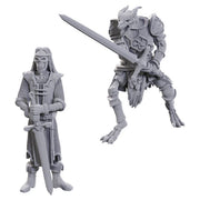 D&D Nolzur's Marvelous Miniatures: Limited Edition 50th Anniversary: Skeleton Knights - Two unpainted gray resin miniatures, one a standing armored skeleton knight with a horned helmet and large sword, the other.