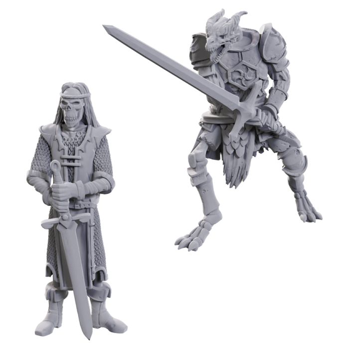 D&D Nolzur's Marvelous Miniatures: Limited Edition 50th Anniversary: Skeleton Knights - Two unpainted gray resin miniatures, one a standing armored skeleton knight with a horned helmet and large sword, the other.