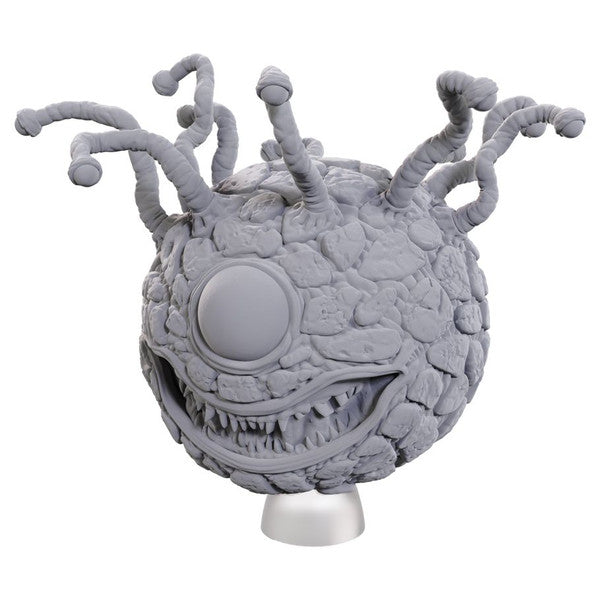 D&D Nolzur's Marvelous Miniatures: Classic Beholder - Gray stone-textured miniature of a spherical beholder with multiple eyestalks and a large central eye.