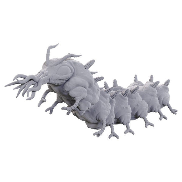 D&D Nolzur's Marvelous Miniatures: Classic Carrion Crawler - Unpainted gray plastic miniature of a segmented carrion crawler with long tentacle-like appendages and multiple leg pairs.