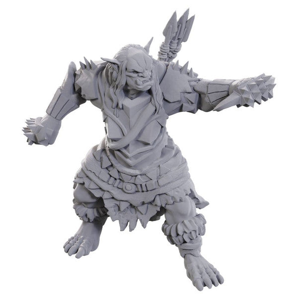 Pathfinder Battles Deep Cuts: Orc Brute (PREORDER) - Gray unpainted plastic miniature of a muscular orc brute wielding a spiked club and wearing tattered armor and cloth layers.
