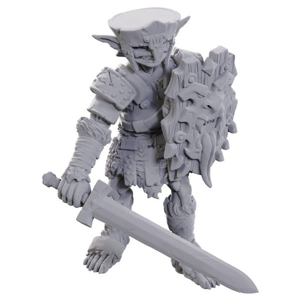 Pathfinder Battles Deep Cuts: Hobgoblin Soldier (PREORDER) - Gray unpainted hobgoblin warrior miniature holding a sword and a detailed shield with a face design.