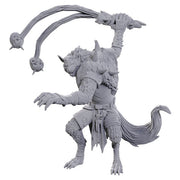 D&D Nolzur's Marvelous Miniatures: Flind Trapper - Gray unpainted Flind Trapper miniature with muscular beast-like body, spiked armor, and two flail weapons attached to chain.