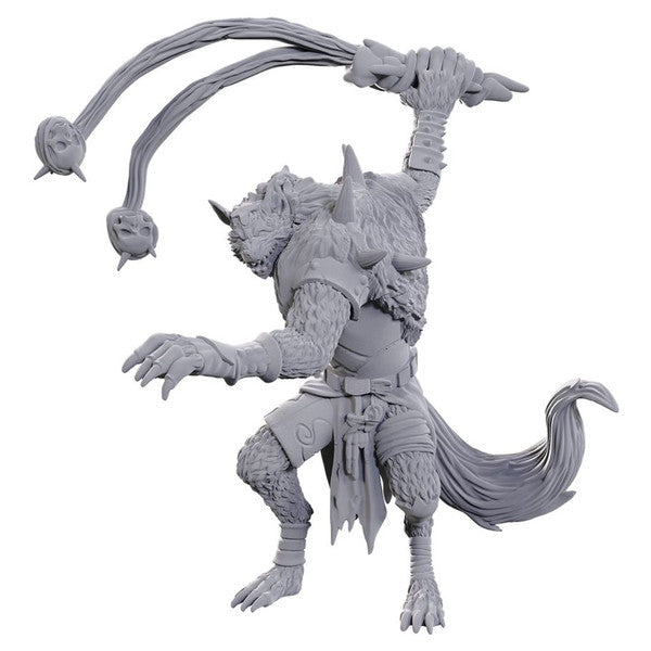 D&D Nolzur's Marvelous Miniatures: Flind Trapper - Gray unpainted Flind Trapper miniature with muscular beast-like body, spiked armor, and two flail weapons attached to chain.
