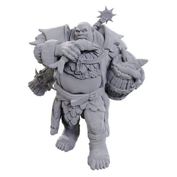 D&D Nolzur's Marvelous Miniatures: Ogre Soldier - Gray unpainted plastic miniature of a bulky ogre soldier holding a spiked mace and a large barrel, wearing tattered armor.