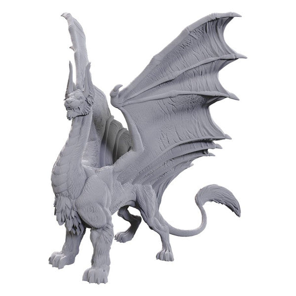 D&D Nolzur's Marvelous Miniatures: Liondrake - Unpainted gray plastic miniature of a dragon with large outstretched wings, a long tail, and a muscular body poised in a.