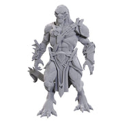 D&D Nolzur's Marvelous Miniatures: Draconian Mastermind - Gray unpainted miniature of a reptilian humanoid warrior with spiked armor and clawed feet, holding a curved blade.