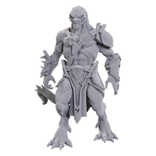 D&D Nolzur's Marvelous Miniatures: Draconian Mastermind - Gray unpainted miniature of a reptilian humanoid warrior with spiked armor and clawed feet, holding a curved blade.