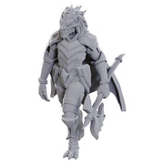 D&D Nolzur's Marvelous Miniatures: Dragonborn of Tiamat - Unpainted gray resin Dragonborn miniature in detailed armor wielding a large axe with wings on its back.