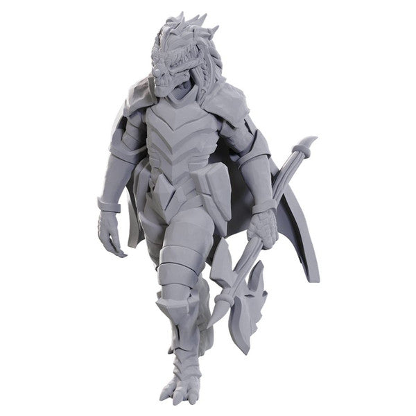 D&D Nolzur's Marvelous Miniatures: Dragonborn of Tiamat - Unpainted gray resin Dragonborn miniature in detailed armor wielding a large axe with wings on its back.