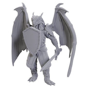 D&D Nolzur's Marvelous Miniatures: Dragonborn of Bahamut - Gray plastic miniature of a winged dragonborn warrior with shield and sword, detailed scales and armor.