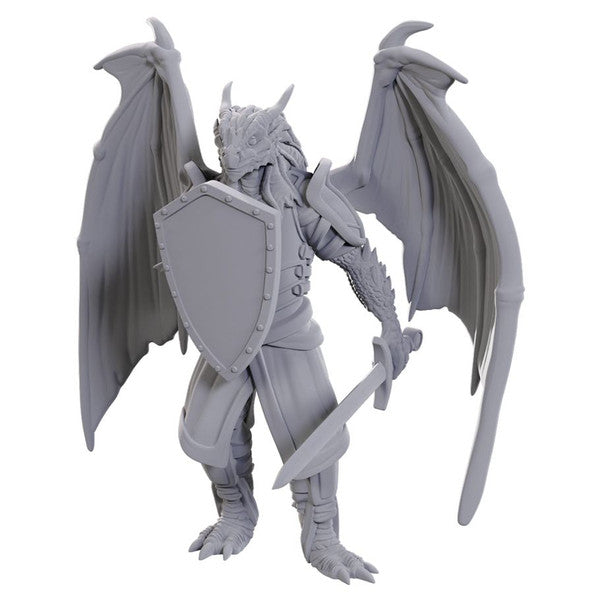 D&D Nolzur's Marvelous Miniatures: Dragonborn of Bahamut - Gray plastic miniature of a winged dragonborn warrior with shield and sword, detailed scales and armor.