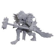 D&D Nolzur's Marvelous Miniatures: Sahuagin Coral Smasher - Gray plastic miniature of a spiked humanoid sea creature wielding a large coral-themed hammer.