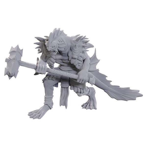 D&D Nolzur's Marvelous Miniatures: Sahuagin Coral Smasher - Gray plastic miniature of a spiked humanoid sea creature wielding a large coral-themed hammer.