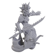 D&D Nolzur's Marvelous Miniatures: Merfolk Scout - Gray unpainted plastic miniature of a merfolk scout wielding a curved sword, with aquatic armor and sharp fins.