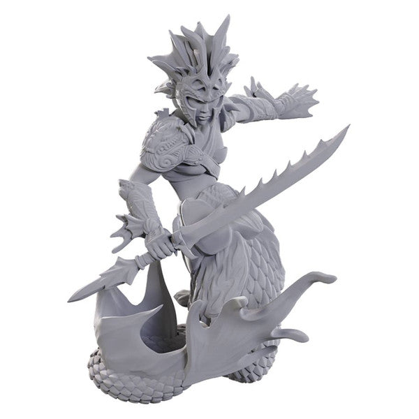 D&D Nolzur's Marvelous Miniatures: Merfolk Scout - Gray unpainted plastic miniature of a merfolk scout wielding a curved sword, with aquatic armor and sharp fins.
