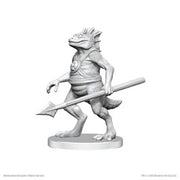 D&D Nolzur's Marvelous Miniatures: Classic Troglodyte - Unpainted gray plastic miniature of a reptilian troglodyte holding a long spear on oval base.