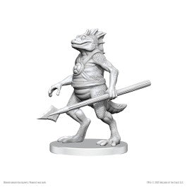 D&D Nolzur's Marvelous Miniatures: Classic Troglodyte - Unpainted gray plastic miniature of a reptilian troglodyte holding a long spear on oval base.