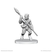 D&D Nolzur's Marvelous Miniatures: Classic Satyr - Unpainted gray resin miniature of a muscular satyr holding a long spear, featuring goat legs, horns, and detailed fur.