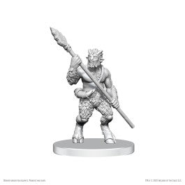 D&D Nolzur's Marvelous Miniatures: Classic Satyr - Unpainted gray resin miniature of a muscular satyr holding a long spear, featuring goat legs, horns, and detailed fur.