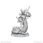 D&D Nolzur's Marvelous Miniatures: Classic Salamander - Unpainted gray resin miniature of a salamander creature holding a spear, with a segmented, spiked tail and reptilian.