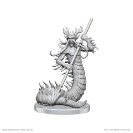 D&D Nolzur's Marvelous Miniatures: Classic Salamander - Unpainted gray resin miniature of a salamander creature holding a spear, with a segmented, spiked tail and reptilian.