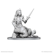 D&D Nolzur's Marvelous Miniatures: Lamia - Unpainted gray plastic miniature of a lamia with a humanoid upper body holding a sword and a coiled serpent lower body.