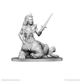 D&D Nolzur's Marvelous Miniatures: Lamia - Unpainted gray plastic miniature of a lamia with a humanoid upper body holding a sword and a coiled serpent lower body.