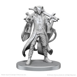 Critical Role Unpainted Miniatures: Mollymauk Tealeaf & Caduceus Clay - Unpainted resin miniature of a male character with flowing coat, holding two swords crossed behind his head, detailed.