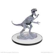 WizKids Deep Cuts: Skeletal Raptor - Gray skeletal raptor miniature standing on textured circular base with detailed bones and open jaw.