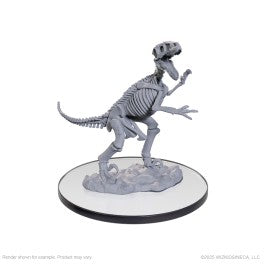 WizKids Deep Cuts: Skeletal Raptor - Gray skeletal raptor miniature standing on textured circular base with detailed bones and open jaw.
