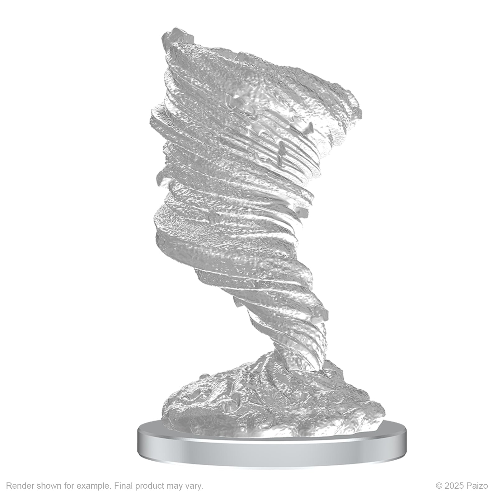 Pathfinder Battles Deep Cuts: Living Thunderclap & Living Whirlwind - Unpainted gray plastic miniature of a swirling tornado with textured wind and dust on a round base.
