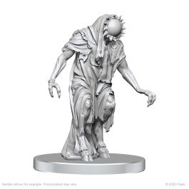 Pathfinder Battles Deep Cuts: Aghash & Venedaemon (Pact Daemon) - Unpainted gray resin miniature of a cloaked, hunched figure with a sun-like orb for a head and long, clawed hands on a round