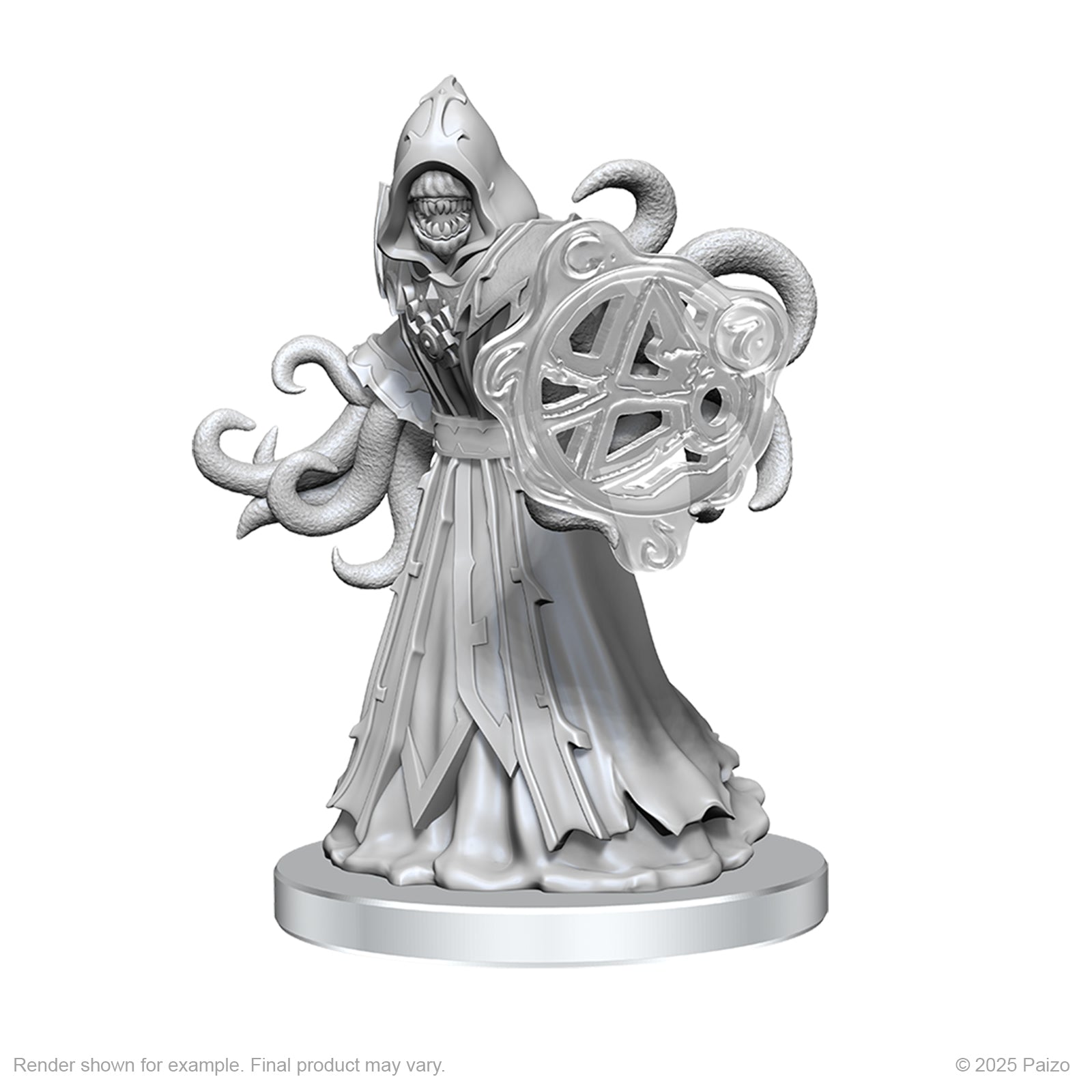 Pathfinder Battles Deep Cuts: Aghash & Venedaemon (Pact Daemon) - Detailed gray plastic miniature of a hooded robed figure with tentacle-like arms and a large circular magical symbol in one.