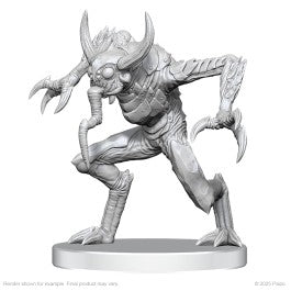 Pathfinder Battles Deep Cuts: Vloriak (Despoiler Demon) & Demonologist - Gray unpainted demon miniature with large curved horns, clawed hands, and segmented insect-like limbs on round base.