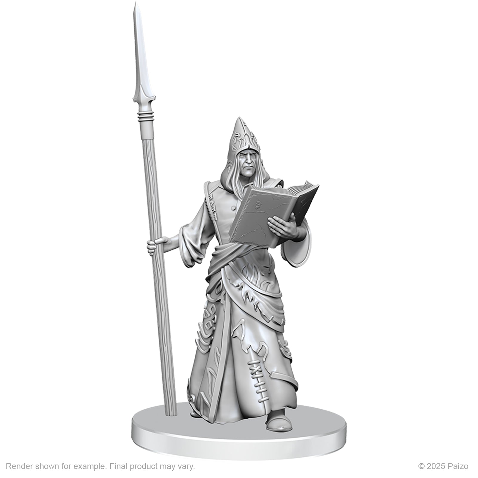 Pathfinder Battles Deep Cuts: Vloriak (Despoiler Demon) & Demonologist - Gray unpainted resin miniature of a robed demonologist holding an open book in one hand and a tall spear in the other,.