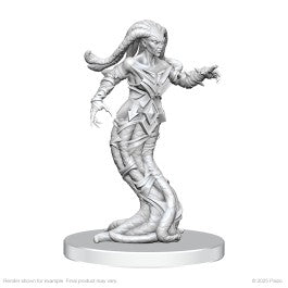 Pathfinder Battles Deep Cuts: Gylou (Handmaiden Devil) & Ferrugon (Rust Devil) - Gray resin miniature of a horned humanoid devil with segmented armor and a serpentine lower body, posed reaching forward.