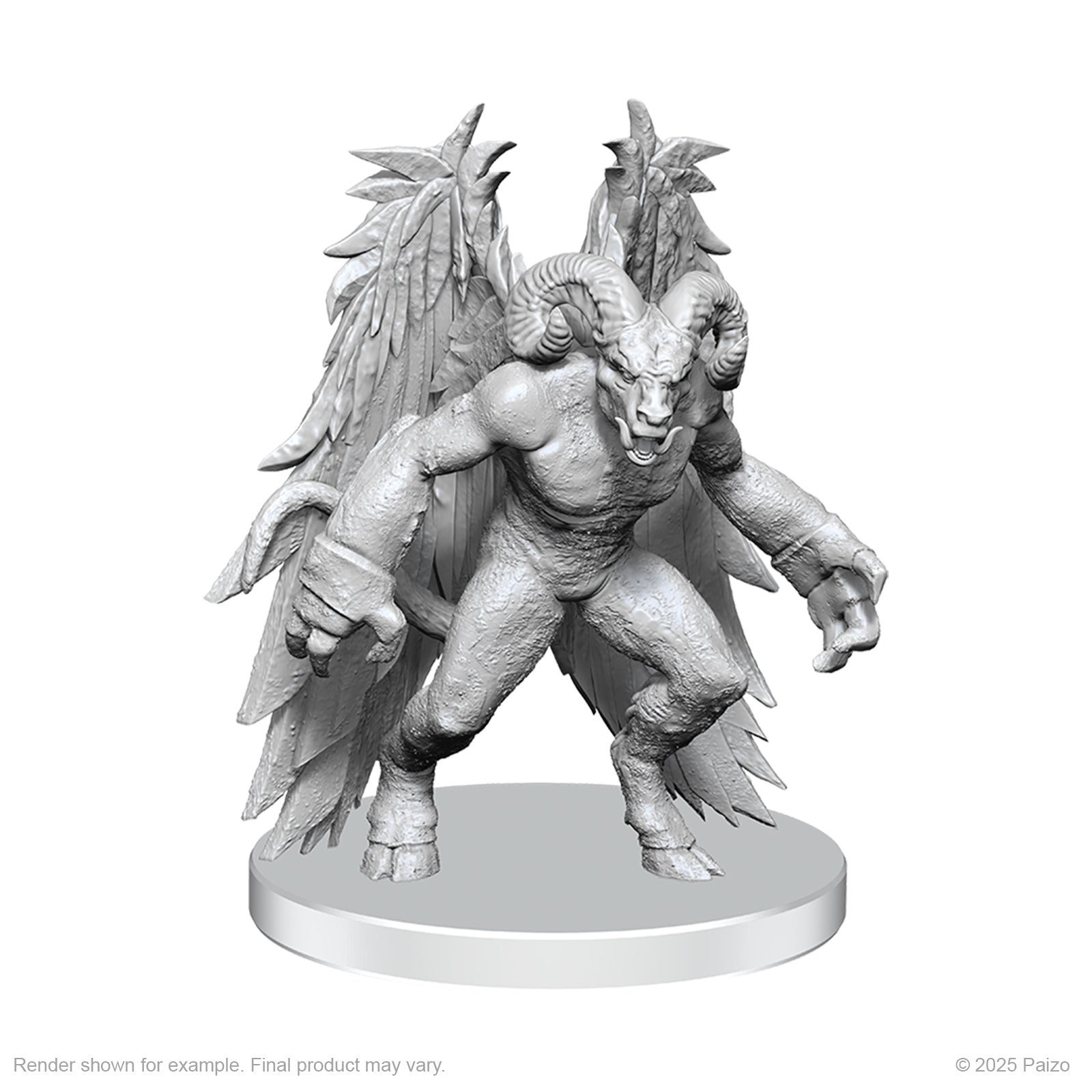 Pathfinder Battles Deep Cuts: Gylou (Handmaiden Devil) & Ferrugon (Rust Devil) - Gray resin miniature of a muscular winged demon with clawed hands, hooved feet, and a horned head standing on a round base.