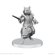 Pathfinder Battles Deep Cuts: Procyal (Raccoon Agathion) & Zoaem (Ring Archon) - Unpainted gray resin miniature of an anthropomorphic raccoon warrior in detailed medieval armor holding a sword.