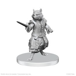 Pathfinder Battles Deep Cuts: Procyal (Raccoon Agathion) & Zoaem (Ring Archon) - Unpainted gray resin miniature of an anthropomorphic raccoon warrior in detailed medieval armor holding a sword.